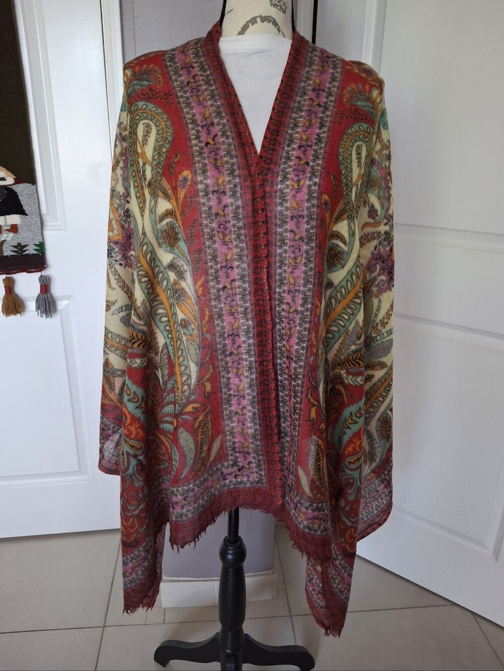 Red Paisley Open-Front Women's Poncho Shawl